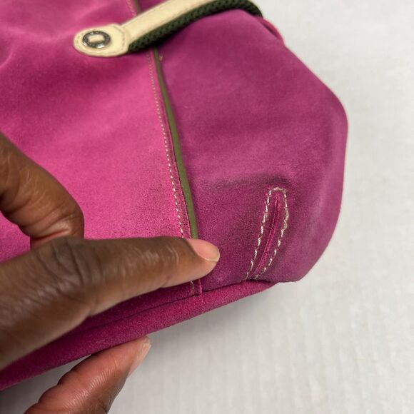 Cole Haan Fuchsia Suede Shoulder Bag Olive Trim Leather Strap Boho Slouchy Tote - Picture 2 of 14
